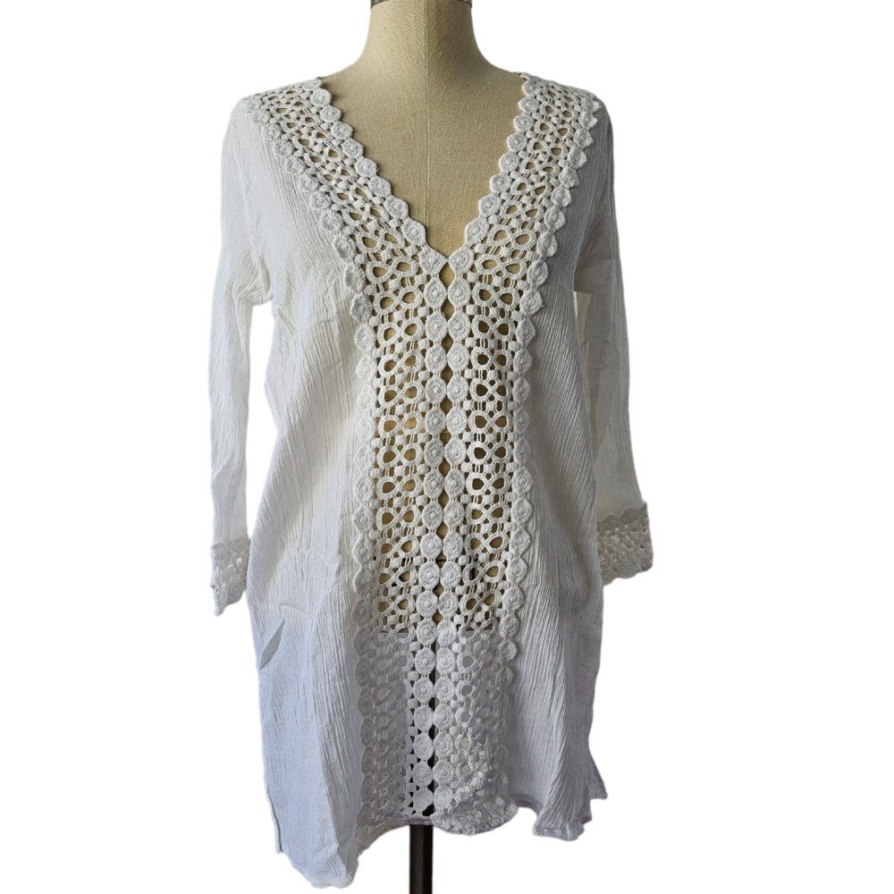 RAVIYA White Cotton Crochet Trim Cover Up | SZ M - Picture 2 of 13
